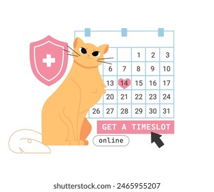Cute cat next to a large calendar. Online booking of an appointment with a veterinarian. Taking care of pet's health. Select date and time. Pastels colors. Vector flat illustration.