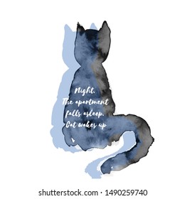Cute cat. "Night. The apartment fell asleep. Cat wakes up" vector design