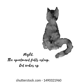 Cute cat. "Night. The apartment fell asleep. Cat wakes up" vector design