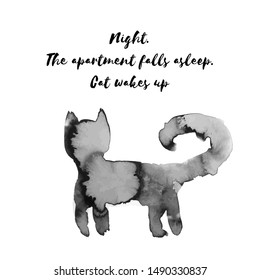 Cute cat. "Night. The apartment fell asleep. Cat wakes up" vector design