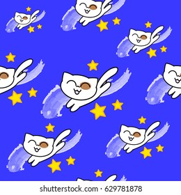 Cute cat in the night sky, seamless vector illustrated pattern