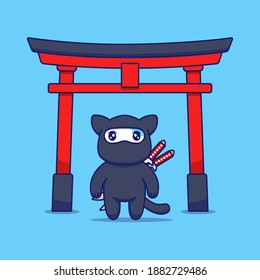 Cute cat with ninja costume in front of torii gate