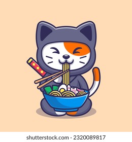 Cute Cat Ninja Eating Ramen Noodle Cartoon Vector Icon Illustration. Animal Food Icon Concept Isolated Premium Vector. Flat Cartoon Style