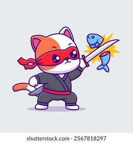 Cute Cat Ninja Slash Fish With Katana Sword Cartoon Vector 
Icon Illustration. Animal Holiday Icon Concept Isolated 
Premium Vector. Flat Cartoon Style 