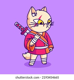 Cute Cat Ninja Sword Cartoon Illustration Stock Vector (Royalty Free ...