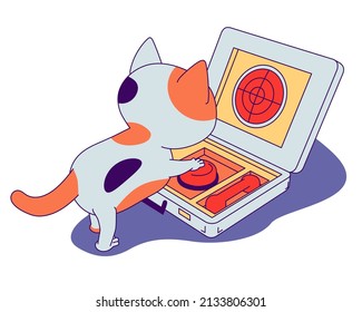 Cute cat with a nuclear suitcase. The tricolor cat is playing with an open briefcase containing a nuclear button.