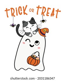 Gato lindo en el adorable fantasma Trick o Treat Cesta de Halloween caricatura ilustración plana vectorial 