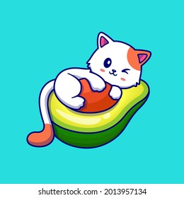 Cute Cat On Avocado Fruit Cartoon Vektorsymbol Illustration. Tierisches Lebensmittelsymbol Konzept isolierter Premium-Vektorgrafik. Flachbildkartonstil