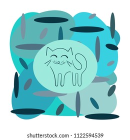 Cute cat on the background of brightly colored ovals blue . 