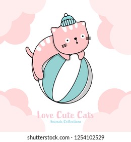 Cute cat on ball hand drawn style. Vector illustration design.