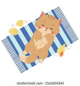 Cute cat on the beach. Fluffy kitten cartoon. Summer vector illustration.