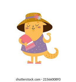 Cute cat on the beach. Funny girl kitten  in summer hat, dress, with pink towel. Happy pet, cartoon animal. Hand drawn wector illustration. Flat design. Idea for print on kids clothes, cards, etc.