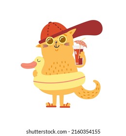 Cute cat on the beach. Funny cat in red cap and sunglasses with a yellow duck-shaped swim ring and glass of fresh juice.  Summer holiday.  Happy cartoon kitten. Vector illustration. Flat design 