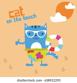 Cute Cat on the beach holding life buoy. Design for tee print, t-shirt, embroidery, shirt, mug, bag, lunchbox, wallpaper, tote bag, poster and banner flat design for kids. Retro vector illustration