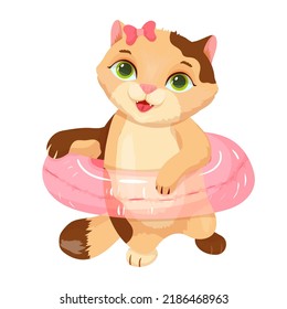 Cute cat on the beach. Inflatable swimming circle. Summer fun. Pet. Kitten. Vector illustration.