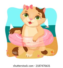 Cute cat on the beach. Inflatable swimming circle. Summer fun. Pet. Kitten. Vector illustration.