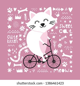 Cute cat on a bike. Vector illustration on a pink background with different decorative elements: flowers, fish, bone, heart, geometric patterns. Poster, postcard, clothing.