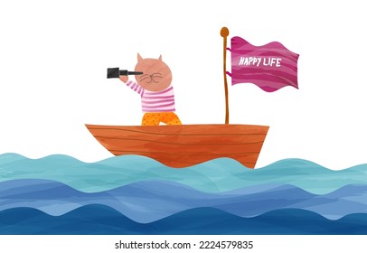 Cute cat on a boat in childish style. Vector Illustration. Can be used for fabric and textile, wallpapers, backgrounds, home decor, posters, cards.