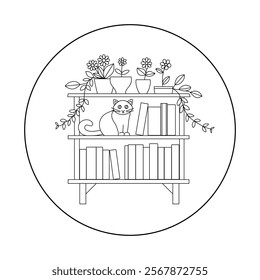 Cute cat on a bookshelf with books, plants and flowers
Vector illustration of a hand embroidery pattern for a round hoop, embroidery sticker paper, craft gift, handmade gift, embroidery with a kitten
