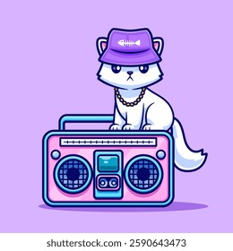 Cute Cat On Boombox Music With Hat Cartoon Vector Icon Illustration. Animal Technology Icon Concept Isolated Premium Vector. Flat Cartoon Style