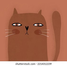 Cute Cat on a Brown Background. Simple Hand Drawn Grunge Vector Illustartion with Lovely Smiling Kitty.Funny Nursery Art ideal for Cat Lovers, Card, Poster, Wall Art.Crayon Drawing Style Cat Portrait.