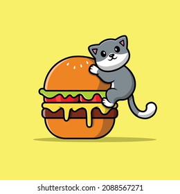 Cute Cat On Burger Cartoon Vector Icon Illustration. Animal Food Icon Concept Isolated Premium Vector. Flat Cartoon Style
