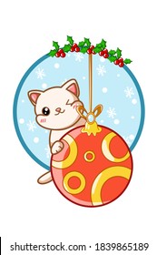 A cute cat on the Christmas ball with holly leaves