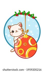 A cute cat on the Christmas ball with holly leaves