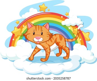Cute cat on the cloud with rainbow illustration