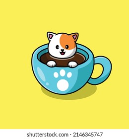 Cute Cat On Coffe Cup Cartoon Vector Icon Illustration. Animal Food Icon Concept Isolated Premium Vector.