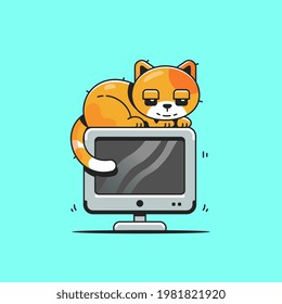 Cute Cat On Computer Cartoon Vector Icon Illustration. Animal Technology Icon Concept Isolated Premium Vector. Flat Cartoon Style