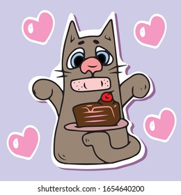 
A cute cat on a diet with a sealed mouth wants to eat a cake from a plate .Vector design for greeting cards banners