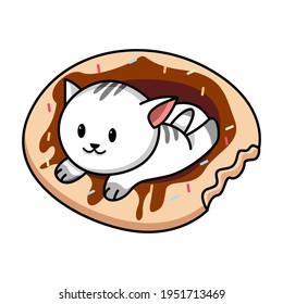 Cute cat on the doughnut cartoon illustration