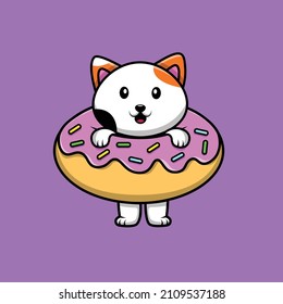 Cute Cat On Doughnut Cartoon Vector Icon Illustration. Animal Food Icon Concept Isolated Premium Vector. Flat Cartoon Style