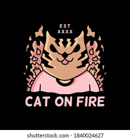 Dibujo de doodle de felino en llamas para afiches, pegatinas o prendas de vestir.Con estilo vaporwave/sintthwave, estética de los 80.