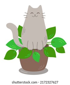 Cute Cat ist auf einem Blumentopf. Der Haustier sitzt auf einer Hauspflanze. Grüne Pflanze in einer verdorbenen und unheilvollen Katze. Handgezeichnete Cartoon-Wohnung Vektorgrafik. Einzeln auf weißem Hintergrund.