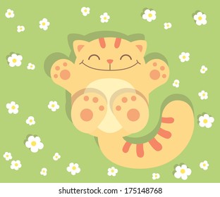 Cute cat on a green background with flowers. Cartoon character design. Vector illustration.