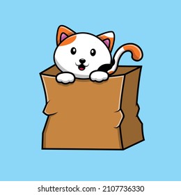 Ilustración del icono del vector de caricaturas de la bolsa de la compra de un gato lindo. Vector Premium Aislado De Icono De Alimentos Animales. Estilo de dibujo plano