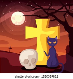cute cat on halloween scene