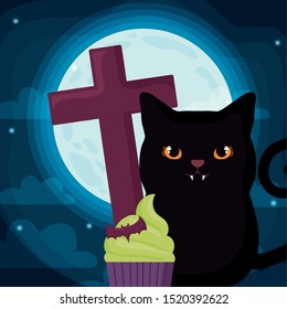 cute cat on halloween scene
