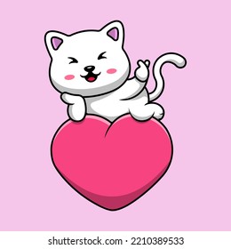 Cute Cat On Heart With Love Sign Hand Cartoon Vector Icons Illustration. Flat Cartoon Concept. Suitable for any creative project.