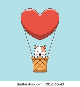 Cute cat on hot air balloon cartoon illustration