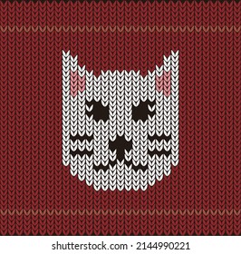 Cute cat on the knitting pattern, Happy new year, vector illustration