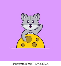 Cute cat is on the moon. Animal cartoon concept isolated. Can used for t-shirt, greeting card, invitation card or mascot.