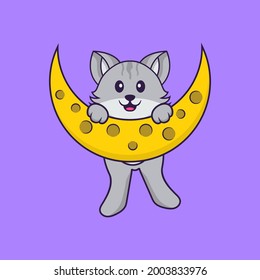 Cute cat is on the moon. Animal cartoon concept isolated. Can used for t-shirt, greeting card, invitation card or mascot.