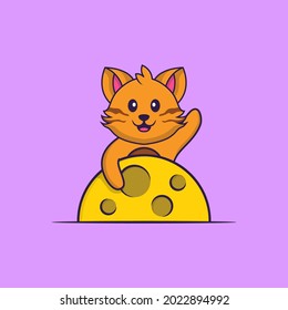 Cute cat is on the moon. Animal cartoon concept isolated. Can used for t-shirt, greeting card, invitation card or mascot.