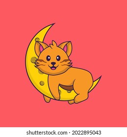 Cute cat is on the moon. Animal cartoon concept isolated. Can used for t-shirt, greeting card, invitation card or mascot.