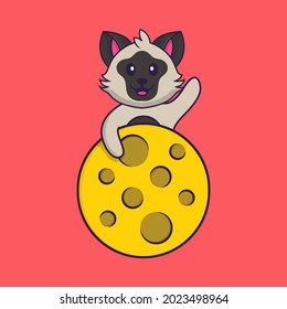Cute cat is on the moon. Animal cartoon concept isolated. Can used for t-shirt, greeting card, invitation card or mascot.