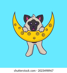 Cute cat is on the moon. Animal cartoon concept isolated. Can used for t-shirt, greeting card, invitation card or mascot.