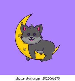 Cute cat is on the moon. Animal cartoon concept isolated. Can used for t-shirt, greeting card, invitation card or mascot.